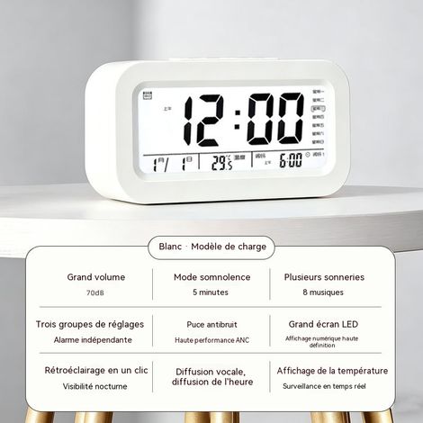 Réveil intelligent blanc à recharge USB, horloge parlante pour étudiant, réveil progressif pour enfant avec affichage numérique (1/3)