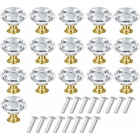 16 Pièces Poignée d'Armoire Cristal, Bouton de Placard Cristal, Poignée de Tiroir en Cristal, Solide Bouton de Meuble en Cristal Transparent avec Vis pour Coiffeuse, Armoire(Doré, Transparent (1/5)