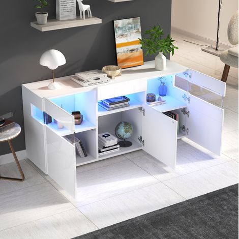 Aparador de salón (140x40.5x66.5 cm), 3 puertas, LED con app, alto brillo, aglomerado blanco (1/5)