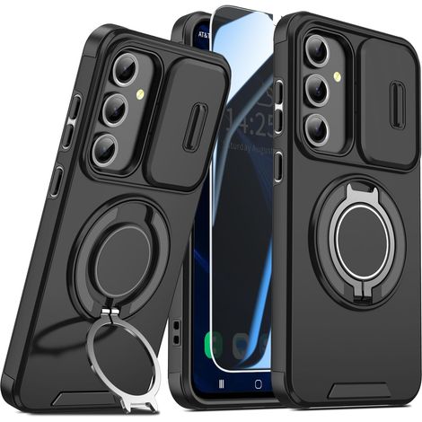 Coque Galaxy S25 5G avec 1Anti-espionnage Verre Trempé+Anneau Support,Full Protection de la Caméra en PC Dur Anti-Chut Renforcée Armor Heavy Duty Antichoc Bumper Housse Etui S25 (1/5)