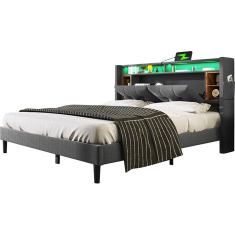 Letto matrimoniale 140x200 cm in tessuto grigio con testiera contenitore e LED - CHICFURN (1/5)
