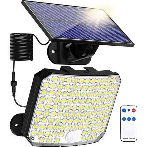 Solarleuchte mit 118 LEDs, Bewegungsmelder, 3 Beleuchtungsmodi, Schutzart IP65 (wasserdicht) und Fernbedienung. Ideal für Terrassen, Garagen, Veranden und Gärten.