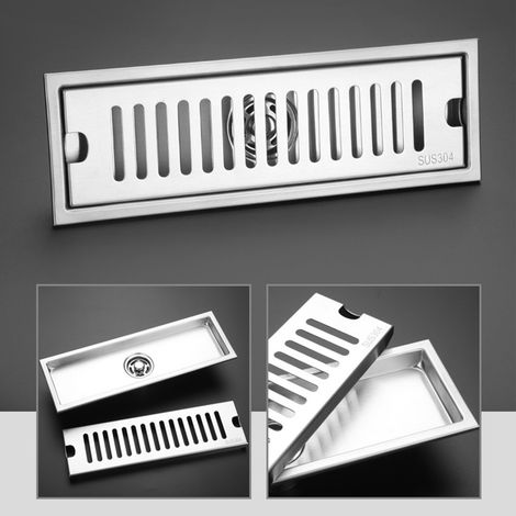 Caniveau de sol long, acier inoxydable 304, épais, haute capacité, anti-odeurs, pour salles de douche de salle de bain, bande rectangulaire, 40 cm, avec drainage central. (1/5)