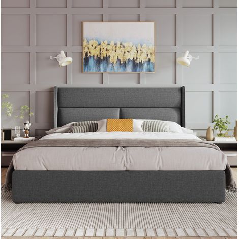 Bett mit Stauraum Leinen Grau 140x200 cm, verstellbare Kopfstützen, inklusive Metall-Lattenrost (1/5)