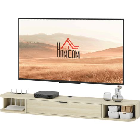 Meuble TV mural avec tiroir abattant, 2 étagères ouvertes, gestion des câbles, 140 x 24 x 16 cm, bois naturel (1/5)