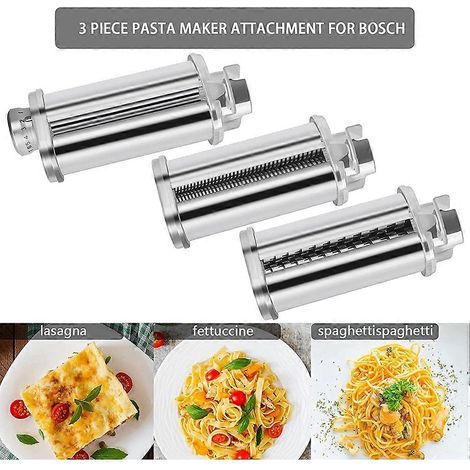Accessoires pour robot de cuisine Bosch : rouleur à pâtes, coupe-spaghettis et fettuccine (taille M).
