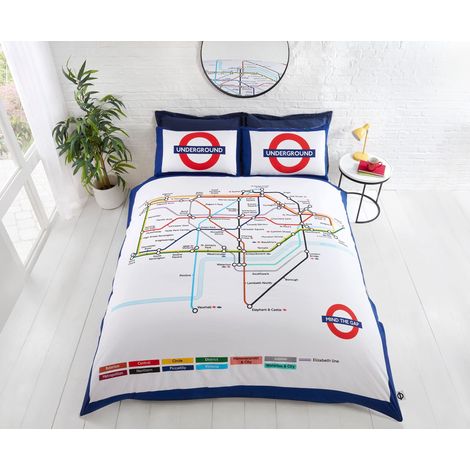 Underground-Copripiumino Matrimoniale con mappa della metropolitana di Londra-Set Copripiumino Matrimoniale e federe, King, colore: bianco