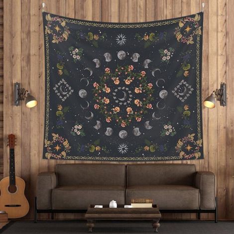 Hanging Wall Tapestry - Boho Floral Black Moon for Bedroom or Living Room - 130x150cm (1/5)
