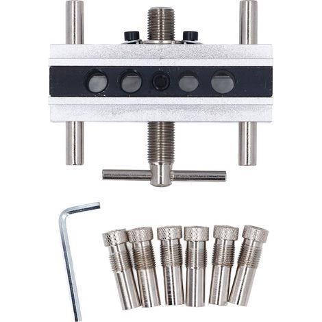 Kit de Gabarit de Chevilles à Centrage Automatique Métrique, Gabarit de Perçage pour Trous Droits, Guide de Perçage à Largeur Réglable avec 6 Bagues, Alliage D'aluminium, (SILVER) (1/5)