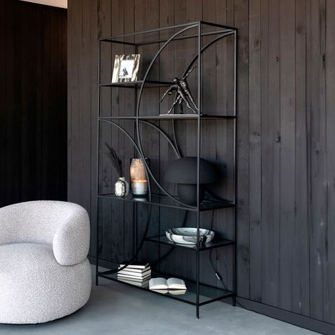 Etagère 5 niveaux 110x40x200 cm en verre et métal noir (1/5)
