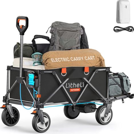 Chariot électrique pliable avec freins - 200 l - Charge maximale : 60 kg - Convient pour le camping, le jardin, le shopping - 1 batterie (noir) (1/5)