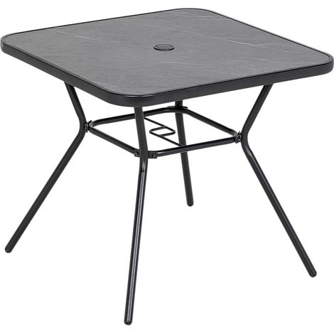 Square Outdoor Table, Patio Bistro Coffee Table with Faux-marbled Top and 42mm Umbrella Hole for Garden