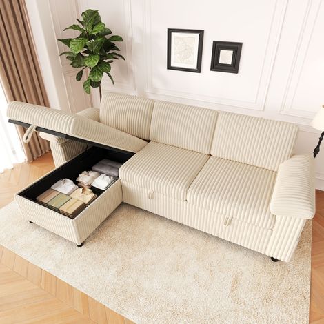 Canapé d’angle convertible 3 places 212 cm - canapé-lit en L avec méridienne réversible et rangement - USB Type-C - velours côtelé - beige (1/5)
