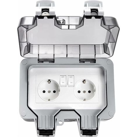 Prises étanches Extérieures, Double Prise Extérieure électrique IP66, Prises Murales étanches à 2 Groupes avec Couvercles, pour intérieur et extérieur, Garage, Piscine, Jardin. (1/5)