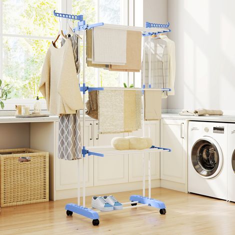 Étendoir à linge pliable sur roulettes avec ailes latérales intérieures et extérieures, 73 x 64 x 177 cm, bleu et argent (1/5)