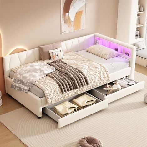 Canapé-lit 90x200 beige en lin avec LED, USB‑C et 2 tiroirs de rangement (sans matelas) (1/5)