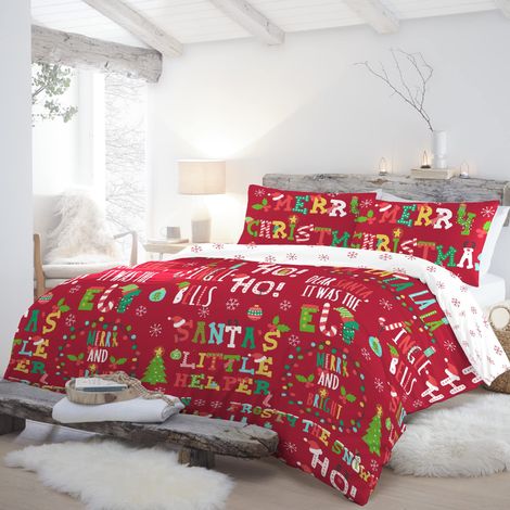 Housse de Couette Phrases de Noël 140 x 200 cm Réversible 2 Motifs 1x taie d'oreiller Incluse Housse de Couette Flocons de Neige Parure de lit de Noël en Rouge et Blanc (1/5)