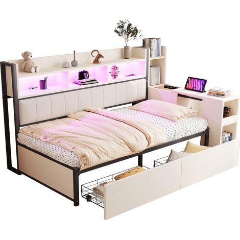 Letto Divano 90 x 200 cm in Metallo e Legno con 2 Cassetti, Scaffali e Prese Multifunzionali, senza Materasso, Bianco (1/5)