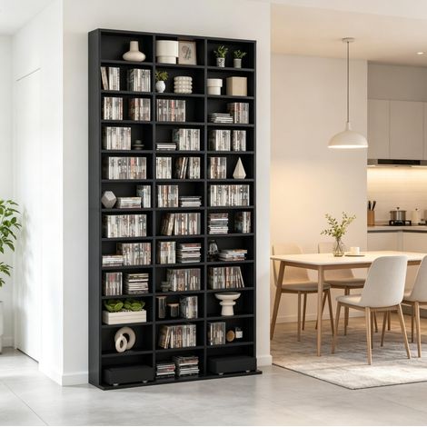 CD/DVD-Aufbewahrungsmöbel aus MDF, schwarz, 102 x 23,5 x 195 cm (1/5)