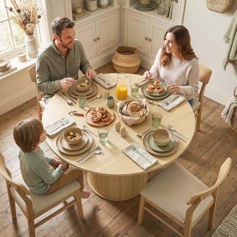 Table à manger Bois ronde 5 personnes Ø base cylindrique cannelée naturel 120x76 cm
