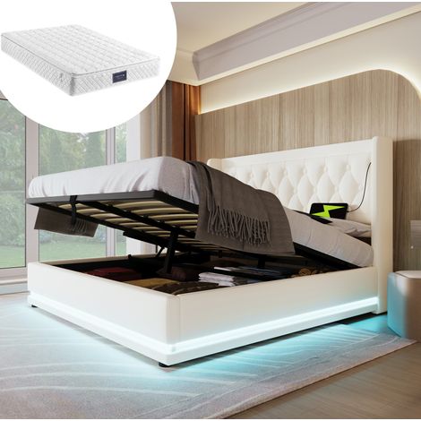 Letto contenitore matrimoniale imbottito 160x200 cm con LED e ricarica USB Type-C, in PU, bianco, materasso incluso