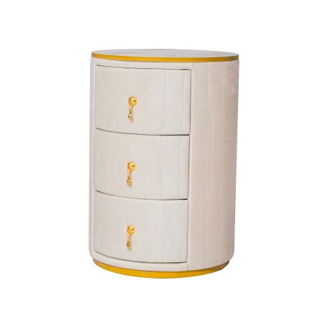 Table de chevet ronde blanche en velours avec 3 tiroirs courbes plateau effet marbre et poignées dorées 40x40x52,5 cm