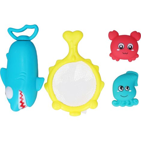 Lot de jeux de bain pour enfants : animaux compressibles qui giclent, poissons flottants avec épuisette, jouets de baignade pulvérisateurs. (1/5)
