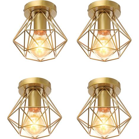Lot de 4 Diamant Plafonnier Industrielle Cage Diamant E27 Lustre Suspension Luminaire de Plafond en Métal Doré (1/5)