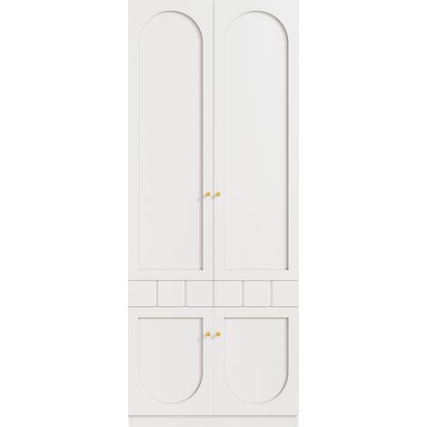 CAIziArmoire à 2 portes laquée, avec tringle à vêtements et tiroirs, meuble de chambre, poignées métalliques, blanc, 80×50×200 cm