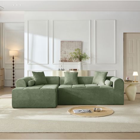 Sofá esquinero 263x132,5x68 cm de chenilla verde con bolsillo integrado – MEUBLIV (1/5)