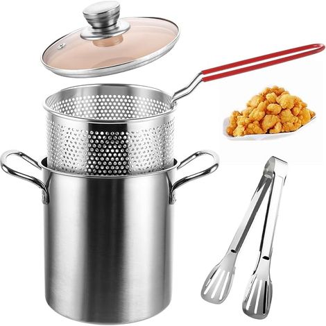 Casserole à asperges en acier inoxydable - 3 l - Casserole haute - Passoire avec poignée - Pot à pâtes - Friteuse avec pince et couvercle en verre - plaques de cuisson et (1/5)