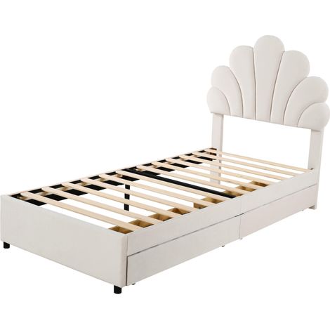 Letto imbottito bambini 90x200 cm in velluto beige con testiera floreale e 2 cassetti (1/5)