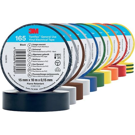 Adhésif d’isolation électrique Temflex 165, largeur 15 mm, longueur 10m, lot de 10 rouleaux multi-coloris - 3M
