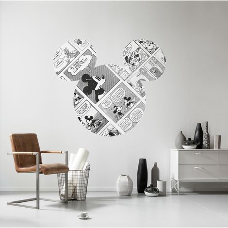 Sticker Mural Géant - Tête de Mickey agencée avec la BD de Mickey Mouse en noir et blanc- 125 x 125 cm (1/3)
