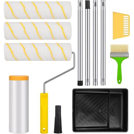 Paint Brush Set, Paint Roller Accessories, 3 Pieces Roller 22 cm, Telescopic Handle 152 cm, with Brush, Squeegee, Tray (1/5)