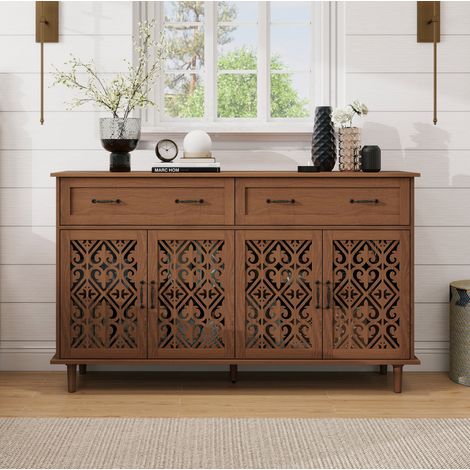 Buffet en panneaux de particules noyer avec 4 portes sculptées, 2 tiroirs et tablettes réglables (1/5)