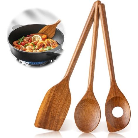 Juego de 3 cucharas de madera para cocinar，Cucharas de madera natural para diversos usos culinarios (1/5)
