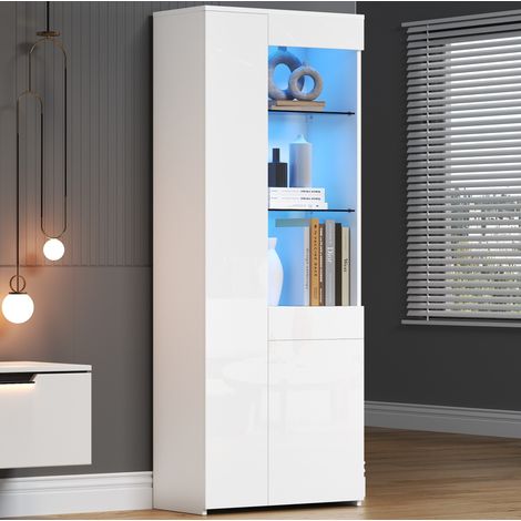 LED-Vitrine 70 x 35 x 180 cm, 2 Türen, 1 Schublade, ESG-Glas, weiße Hochglanzfront HAVRYA (1/5)