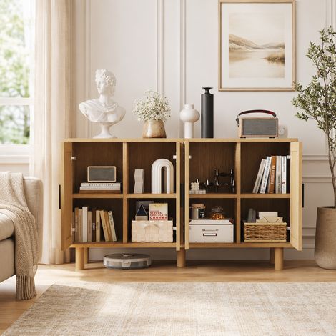 Meuble de rangement 140×40×80cm,étagères réglables, meuble TV avec 4 portes, buffet en rotin, anti-basculement,style moderne, pieds en bois, pour salon, chambre et salle à manger, Chêne (1/5)