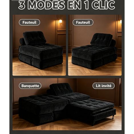Fauteuil pliable tout tissu noir velours côtelé 3 positions, sans structure rigide, siège relax et couchage invité sans assemblage (1/5)