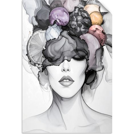 Selbstklebendes Poster – Wandsticker Frau mit Früchten auf dem Kopf 60x90 cm