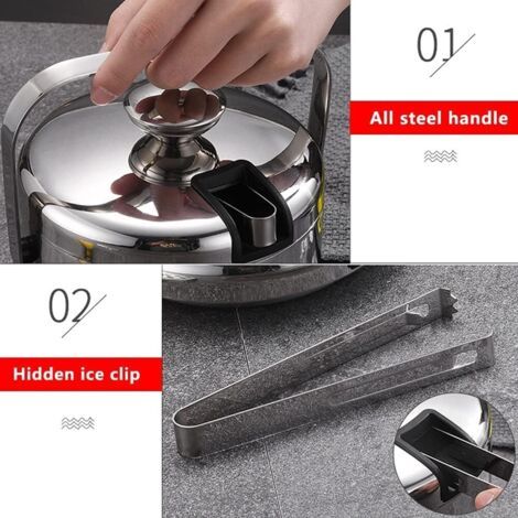 Pair Seau a Glacon,Double Paroi Seau a Glacon INOX,Seau à Glace à Double paroi isolé,1.3LSeau a Glacon Isotherme,avec Pinces, couvercles,crépine,pour Rafraîchir La Bière, Le Champagne et Le Vin (1/4)