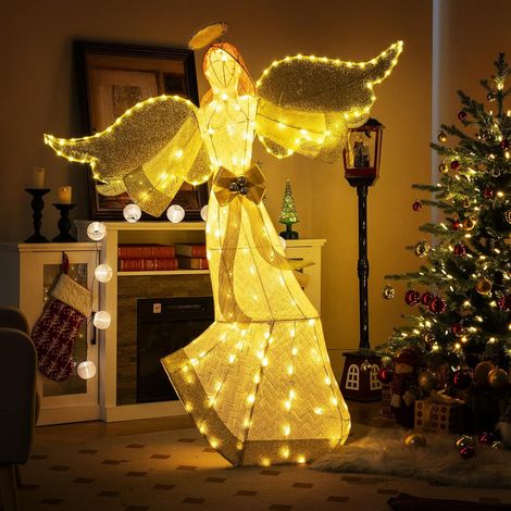 GOPLUS Decoration Noel Extérieur Lumineuse, 160 CM Ange Lumineux avec Halo et Nœud, 180 Lumières LED. Attaches Zippées et Piquets de Sol, pour Salon, Cour, Jardin, Intérieur Extérieur (1/2)