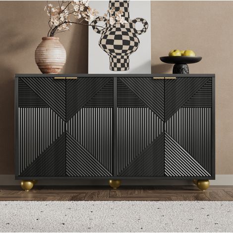 Anrichte MDF Schwarz 120x35x71,5 cm mit 4 gravierten Türen, verstellbaren Innenböden und viel Stauraum (1/5)