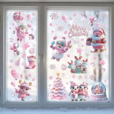 9 Pièces Stickers Noel Fenetre Réutilisable, Autocollant Noel Fenetre Electrostatique, Décor pour Fenêtre en PVC Aquarelle Flocons de Neige pour DIY Décor Fenêtre, Vitrines, Façades en Verre (Rose) (1/4)