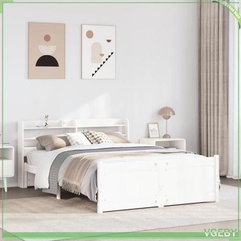 Cadre de lit avec tête de lit - 3306755 - Pin massif - 140x190 cm - Tête de lit avec 2 étagères - Blanc (1/5)