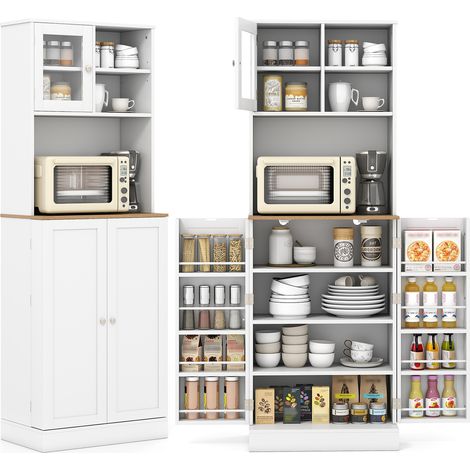 Buffet de Cuisine avec Étagère pour Micro-ondes, 8 Étagères de Porte et 5 Étagères Réglables, Porte en Verre et Étagère Ouverte , 60 x 35 x 170 cm (1/5)