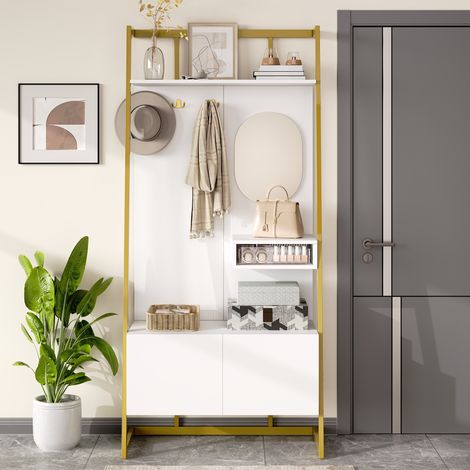 Garderoba recibidor 78x38.5x180.5 cm blanca en MDF con espejo, ganchos metálicos y zapatero (1/5)