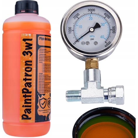 Man贸metro lineal Rosfix para unidad de pintura con conexi贸n en T de 1/4" + l铆quido de mantenimiento y limpieza Rosfix PaintPatron 3 en 1 de 1 L para unidad de pintura.