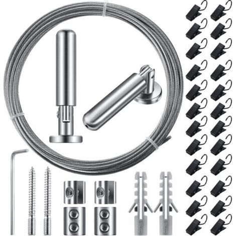 Tringle à rideau en fil métallique de 5 m (196 pouces) avec 24 clips réglables pour rideaux, décoration murale, photo, artisanat, fenêtre (1 ensemble) (1/5)